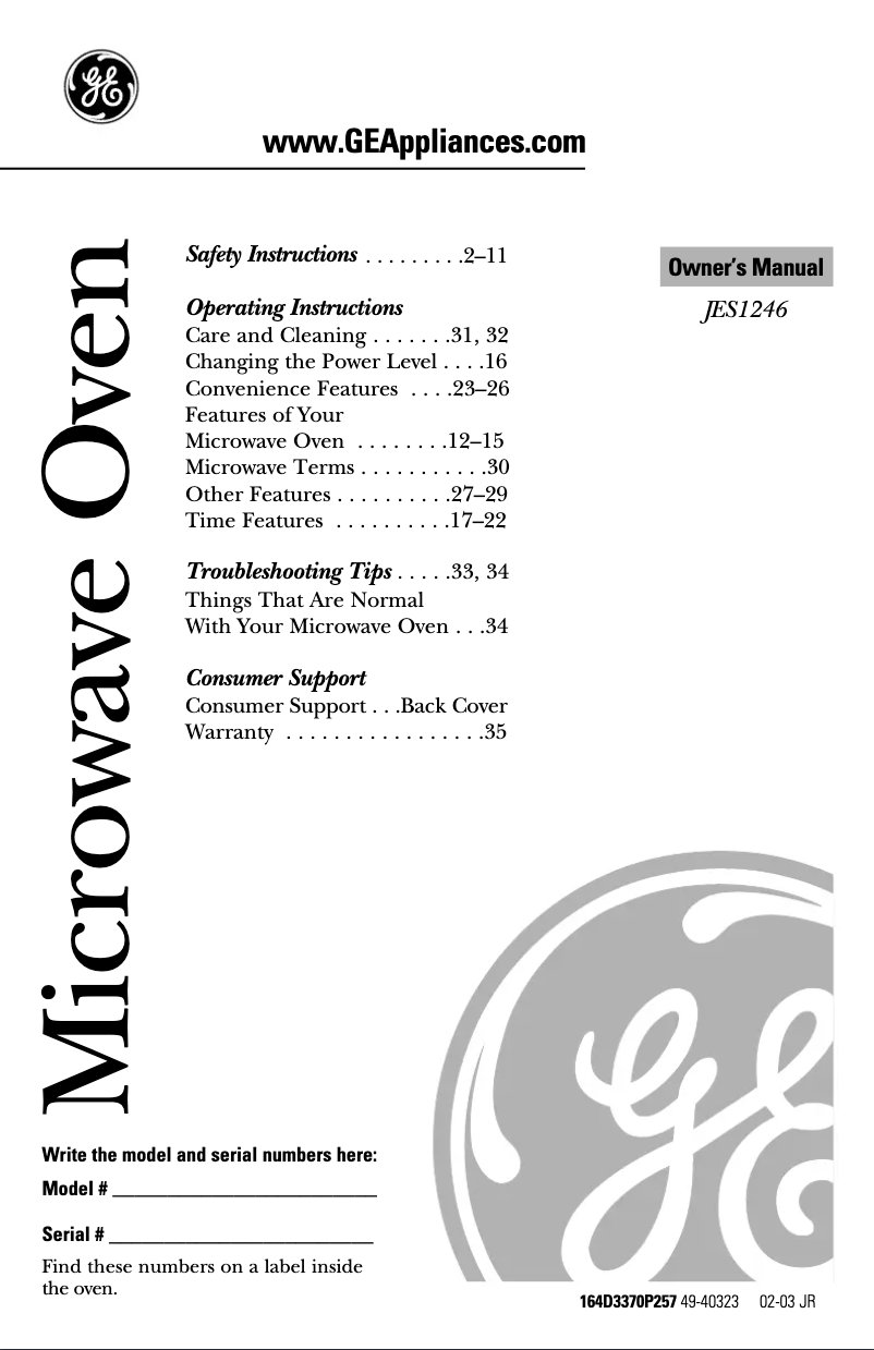 Page n°1 - Manuel utilisateur GE JES1246WH