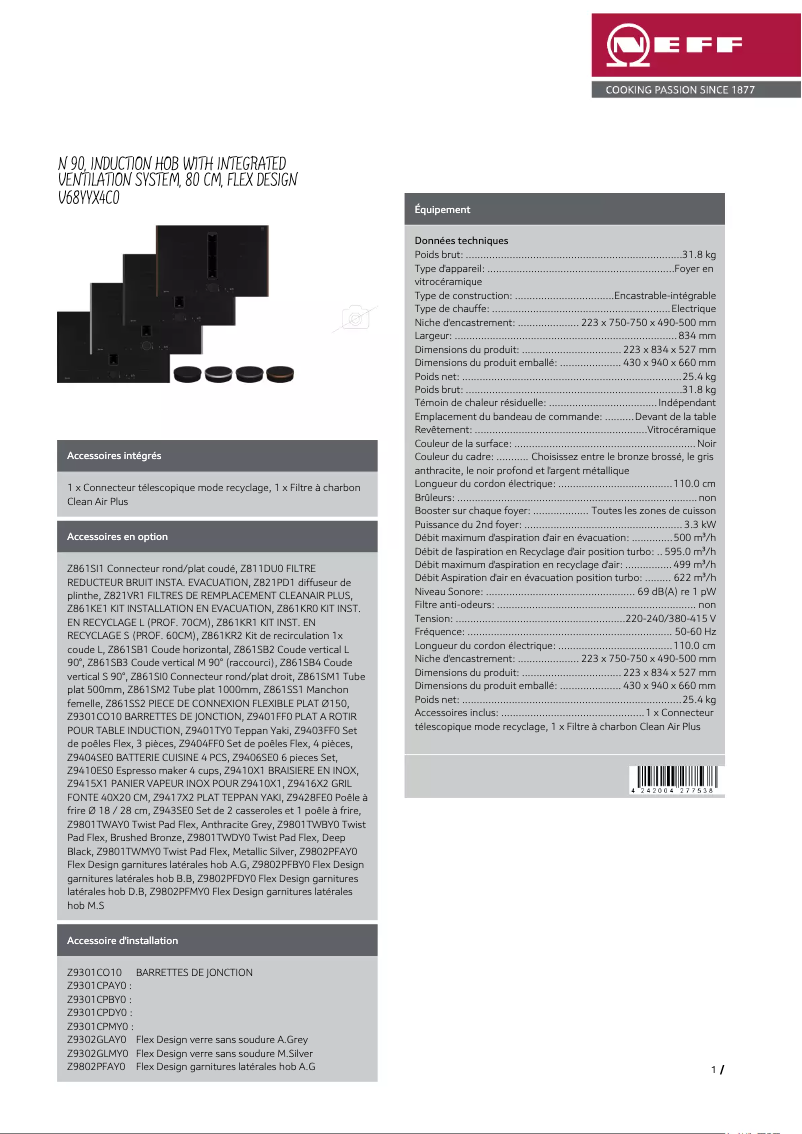 Página 1 del manual Ficha técnica Neff V68YYX4C0