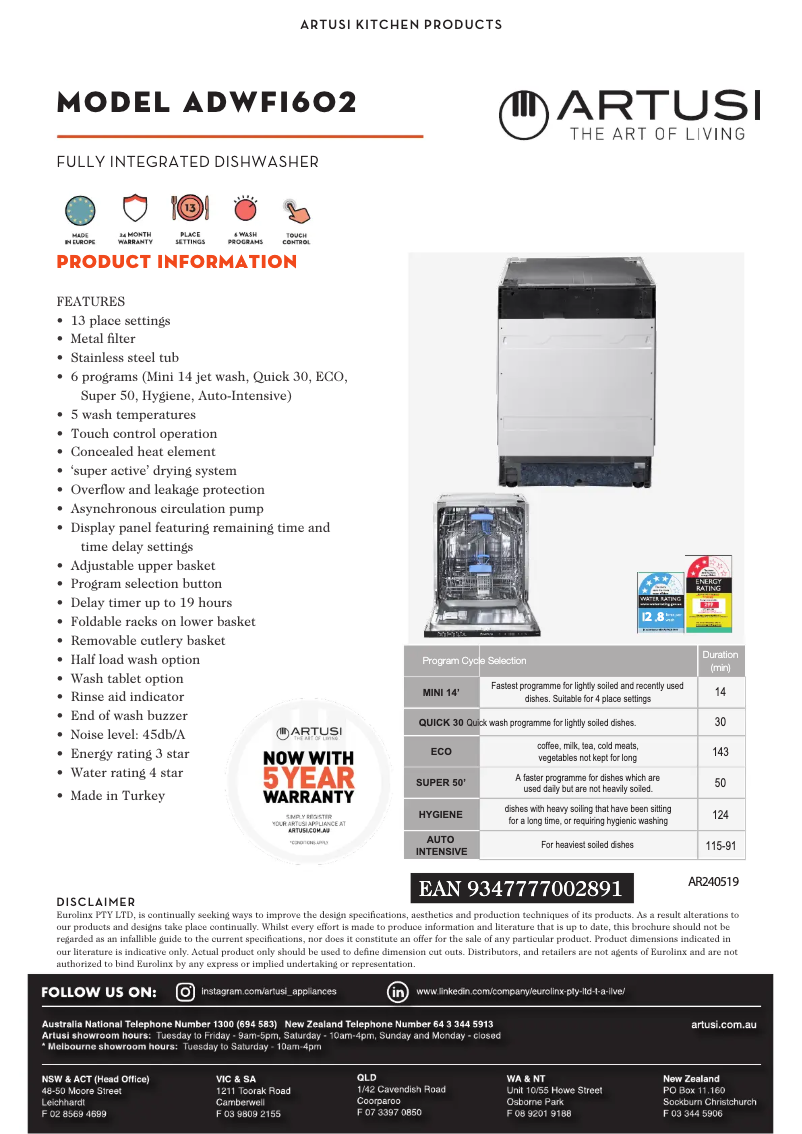 Page 1 de la notice Fiche technique Artusi ADWFI602