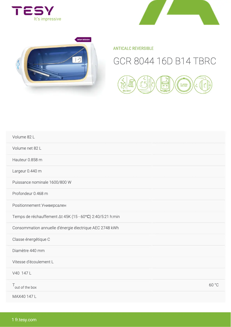 Page 1 de la notice Fiche technique Tesy Anticalc 80 Rev