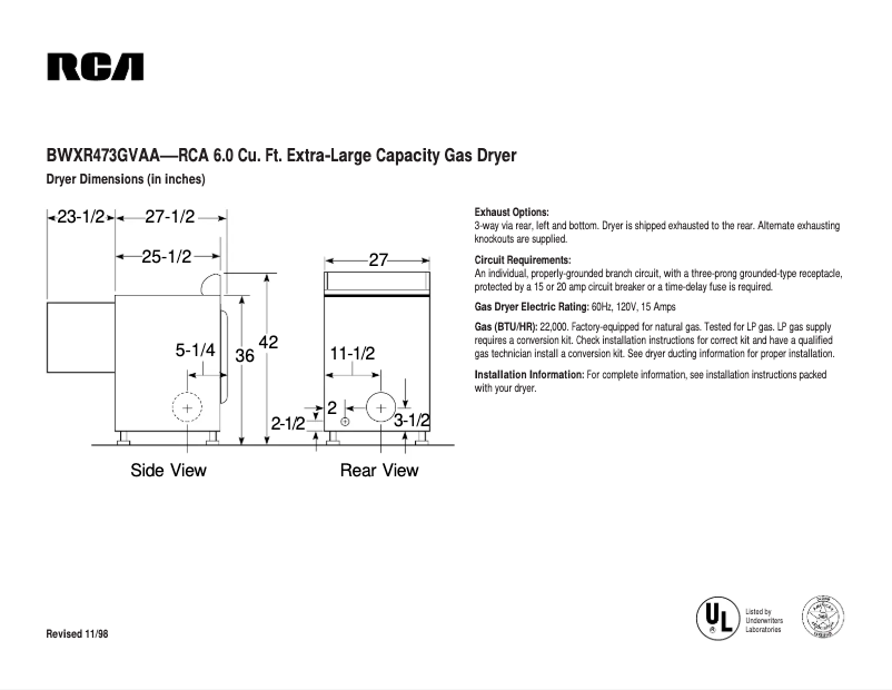 Page 1 de la notice Fiche technique RCA BWXR473GVAA