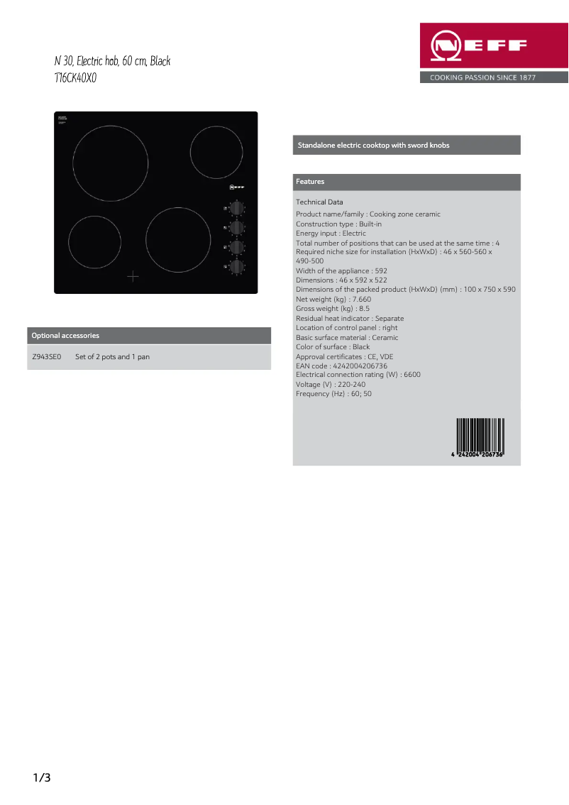 Page 1 de la notice Fiche technique Neff T16CK40X0