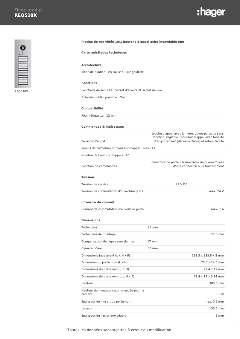 Page 1 de la notice Fiche technique Hager REQ510X