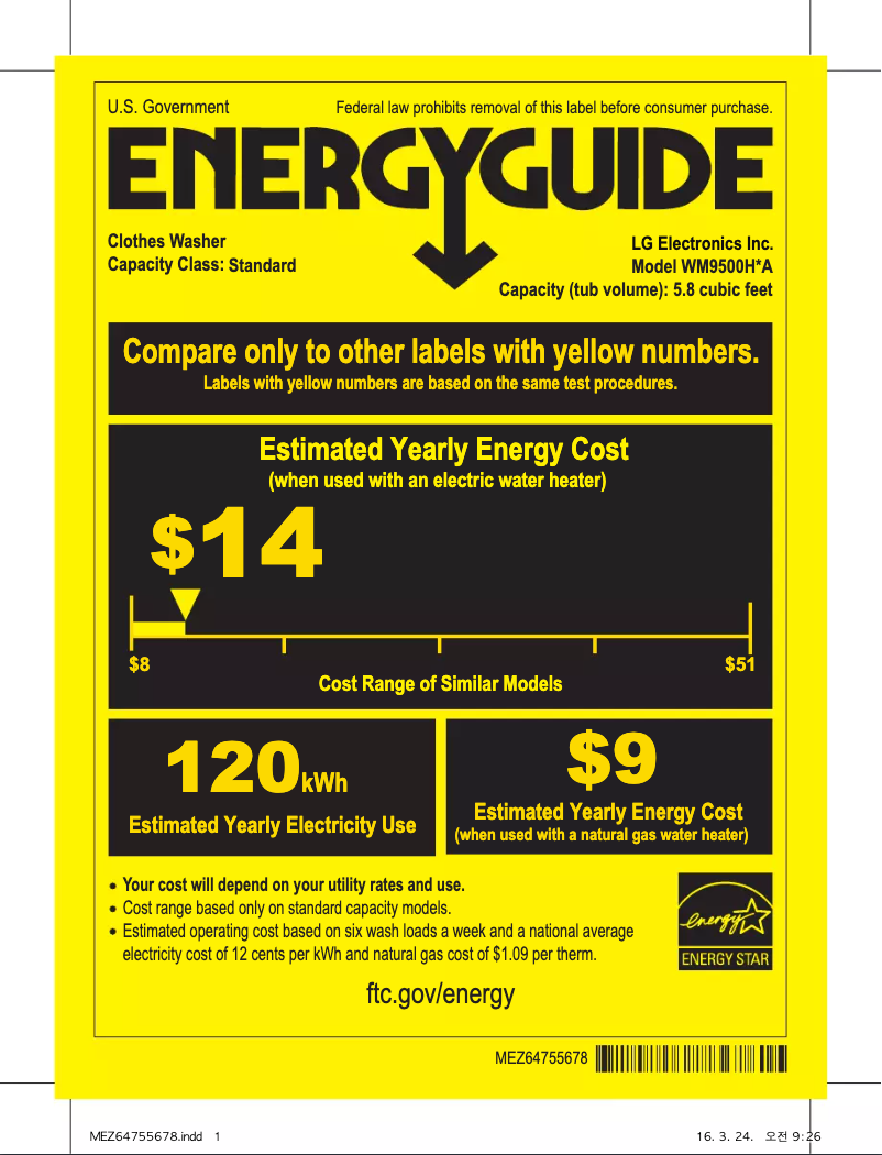 Page 1 de la notice Label énergétique LG WM9500H