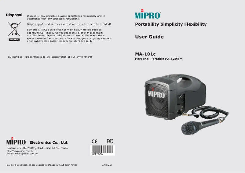 Page 1 de la notice Manuel utilisateur MIPRO MA-101C