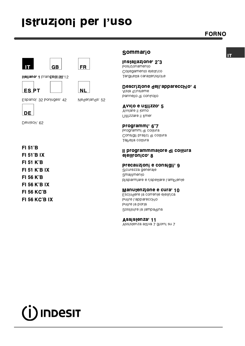 Page 1 de la notice Manuel utilisateur Indesit FI 51 K.B