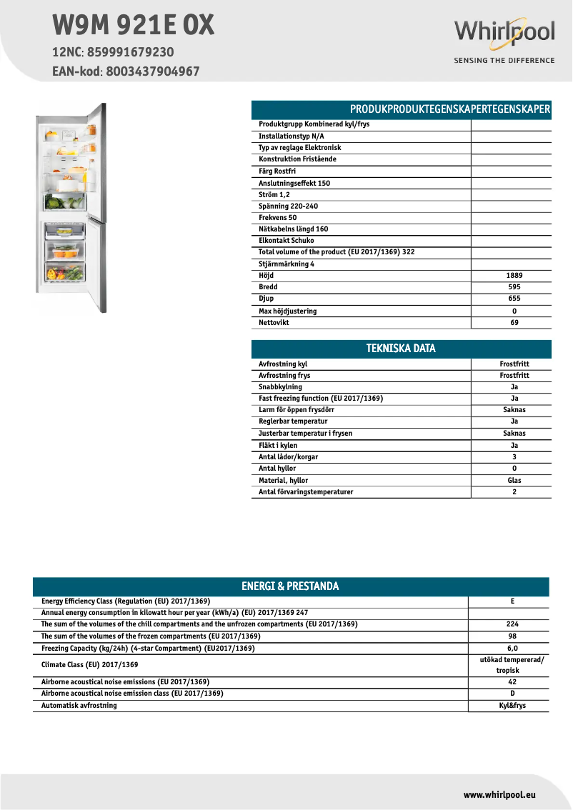 Page 1 de la notice Fiche technique Whirlpool W9M 921E OX