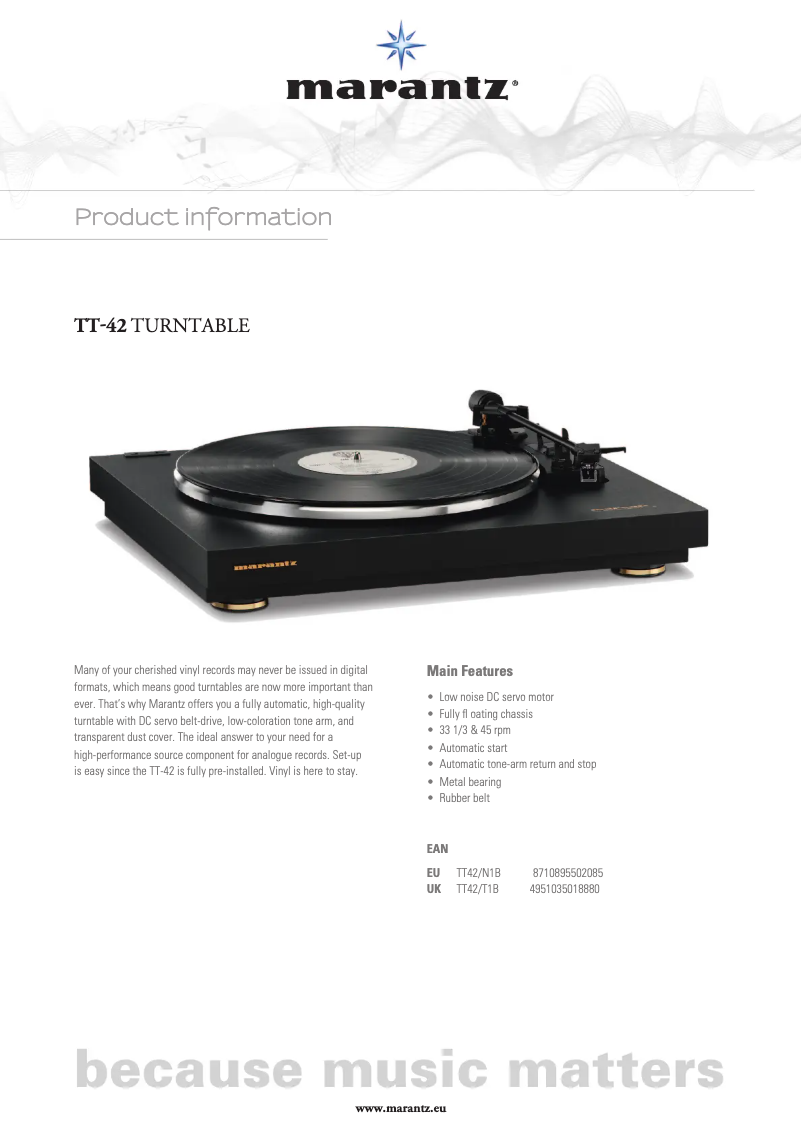 Page 1 de la notice Fiche technique Marantz TT42