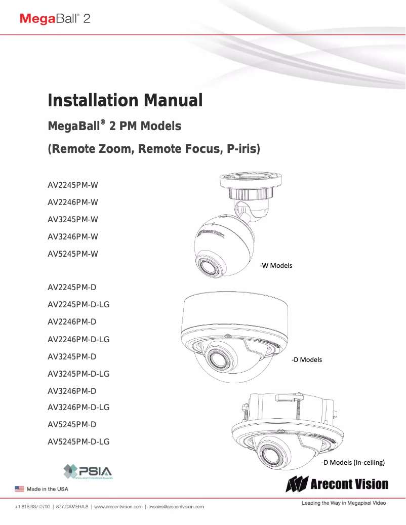 Page 1 de la notice Manuel utilisateur Arecont Vision AV2246PM-D-LG