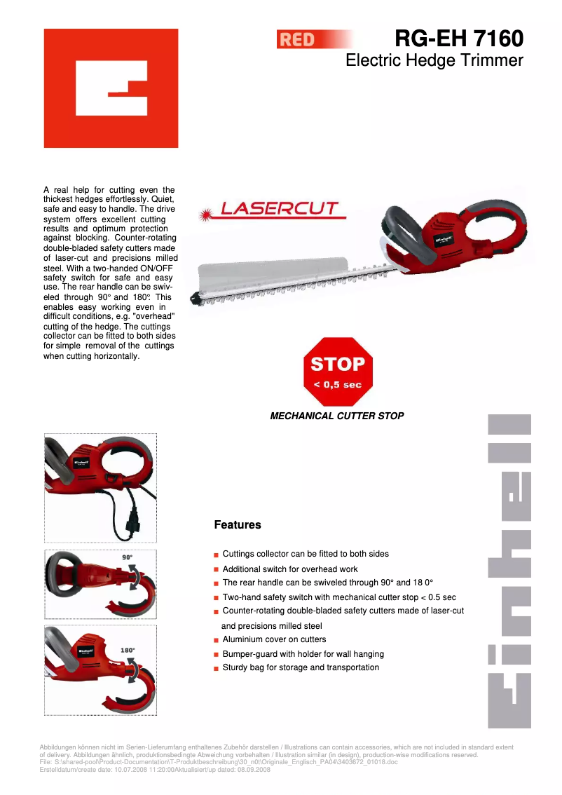 Page 1 de la notice Fiche technique Einhell RG-EH 7160
