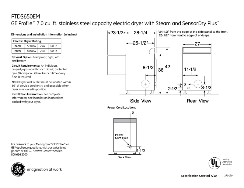 Page 1 de la notice Fiche technique GE Profile PTDS650EMWT