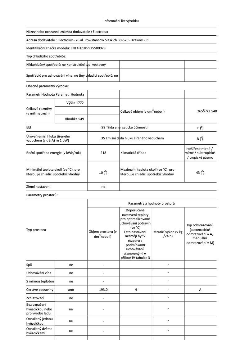 Page 1 de la notice Fiche technique Electrolux LNT4FE18S