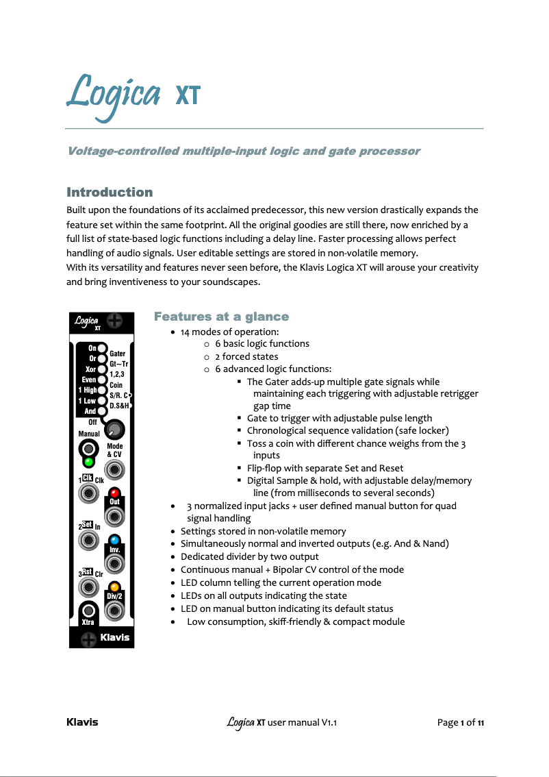 Page 1 de la notice Manuel utilisateur Klavis Logica XT