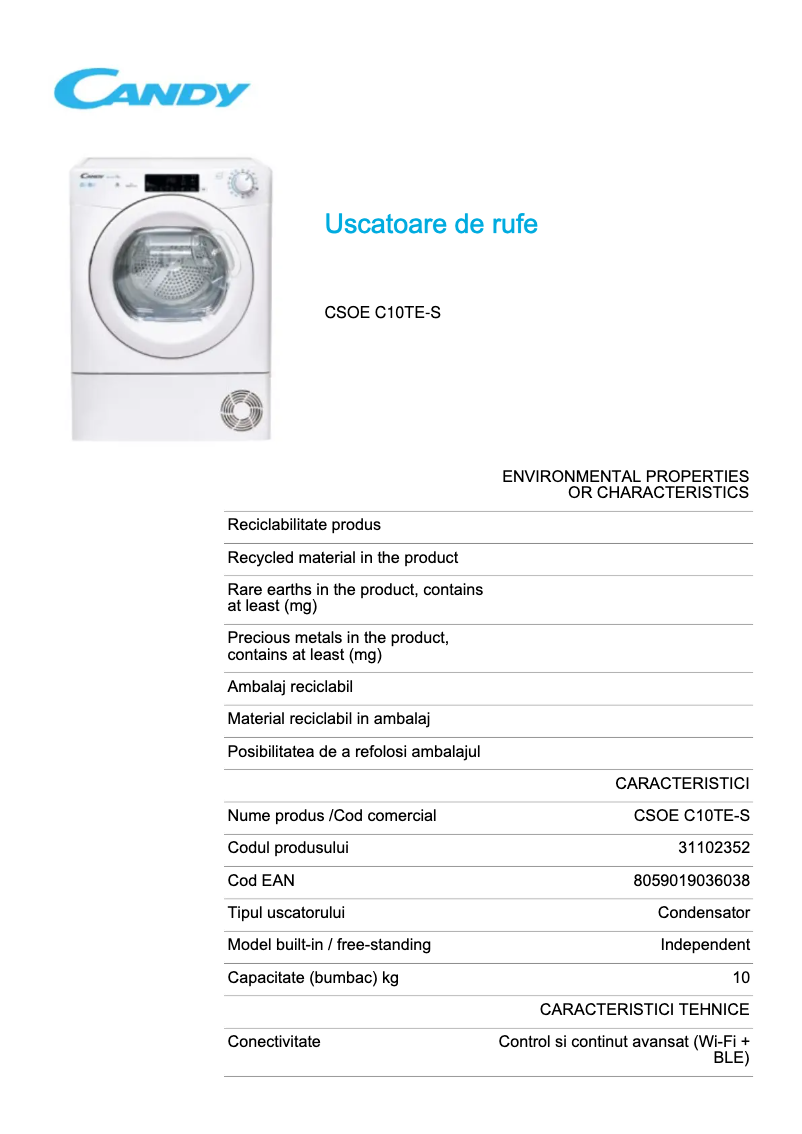 Page 1 de la notice Fiche technique Candy CSOE C10TE-S
