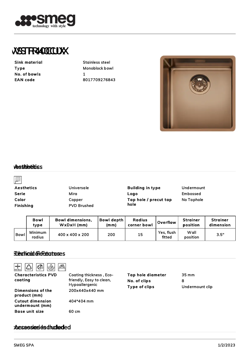 Page 1 de la notice Brochure Smeg VSTR40CUX