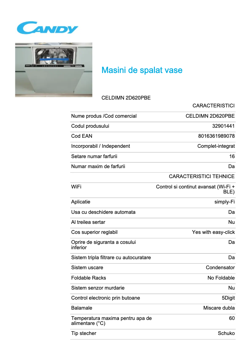 Page 1 de la notice Fiche technique Candy CELDIMN 2D620PBE