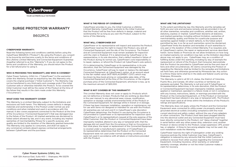 Page 1 de la notice Informations de garantie CyberPower B602RC5