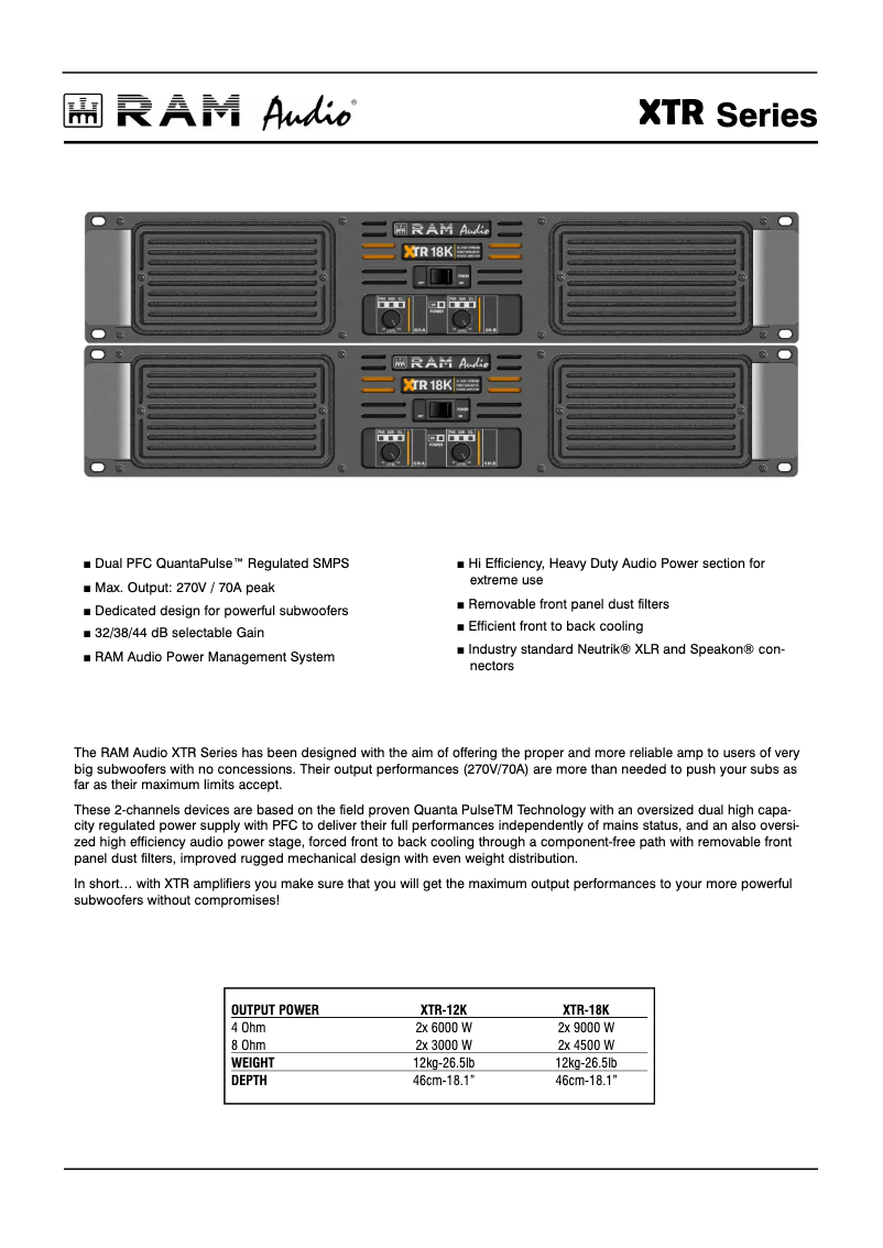 Page 1 de la notice Fiche technique Ram Audio XTR-18K