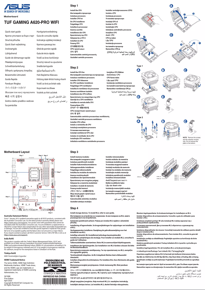 Page 1 de la notice Guide de démarrage rapide Asus TUF Gaming A620-PRO WIFI