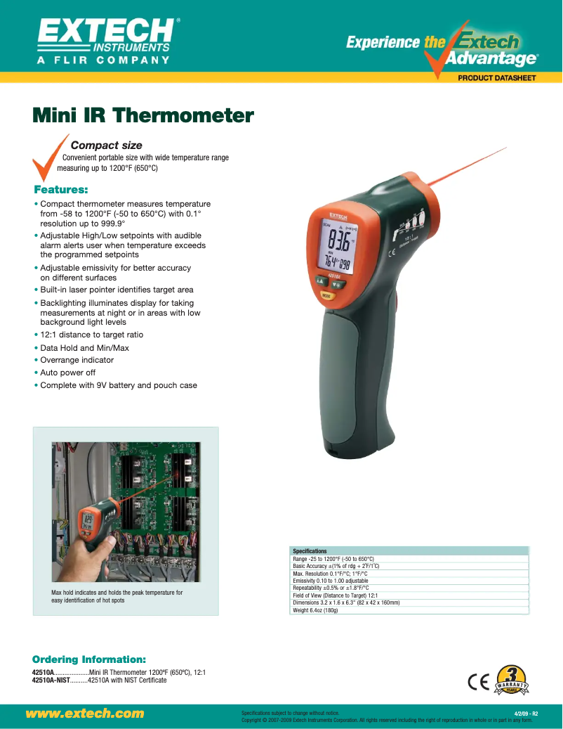 Page 1 de la notice Fiche technique Extech 42510A
