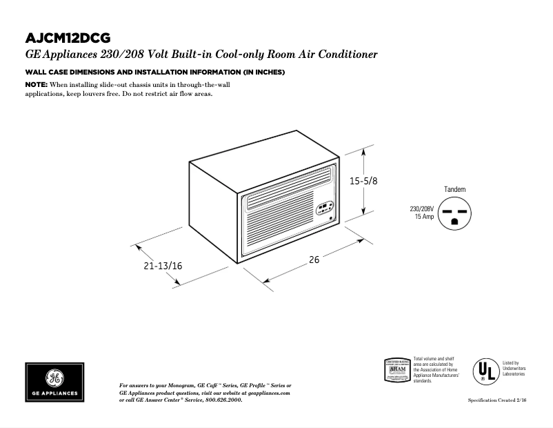 Page 1 de la notice Fiche technique GE AJCM12DCG