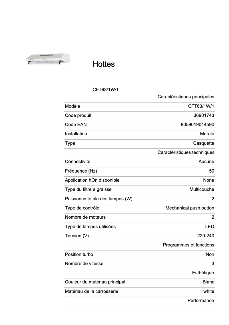 Page 1 de la notice Fiche technique Candy CFT63/1W/1