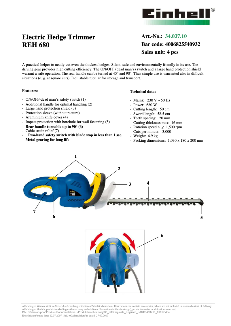 Page n°1 - Manuel utilisateur Einhell Royal REH 680