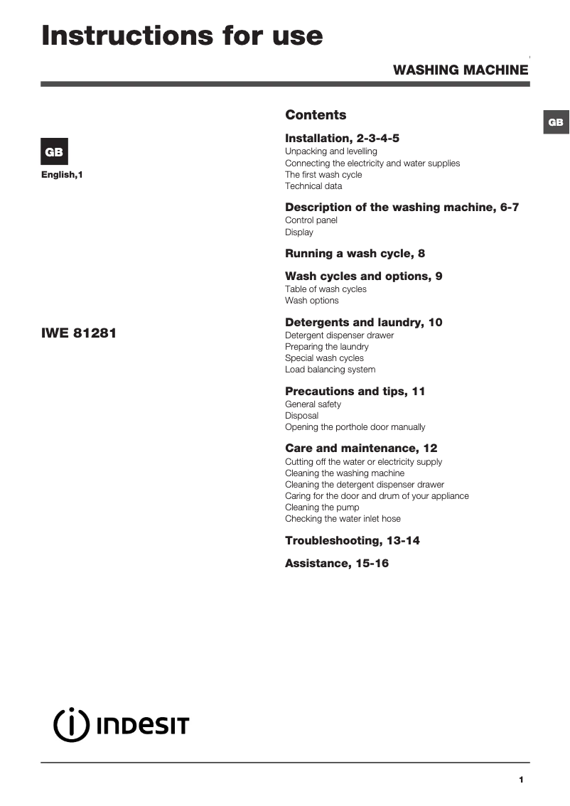 Page n°1 - Manuel utilisateur Indesit IWE 81281 (UK)