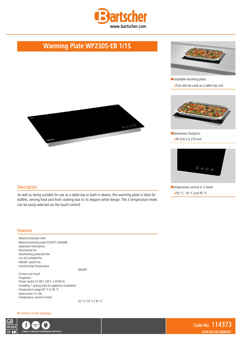 Page 1 de la notice Fiche technique Bartscher WP230S-EB 1/1S