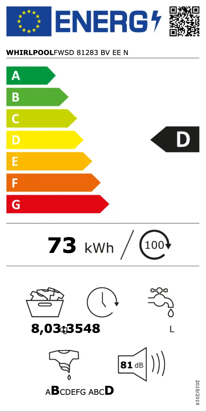 Page 1 de la notice Manuel utilisateur Whirlpool FWSD 81283 BV EE N