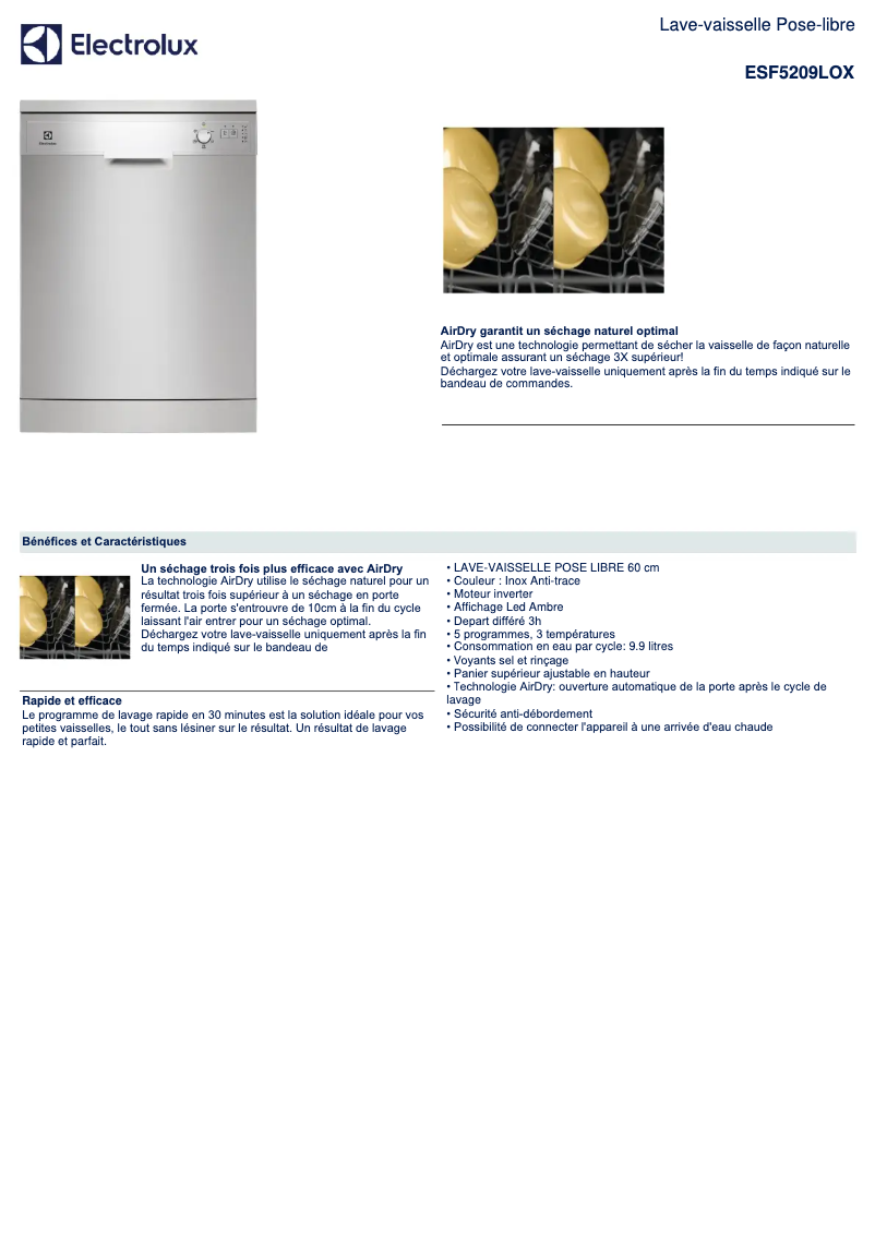 Page 1 de la notice Fiche technique Electrolux ESF5209LOX