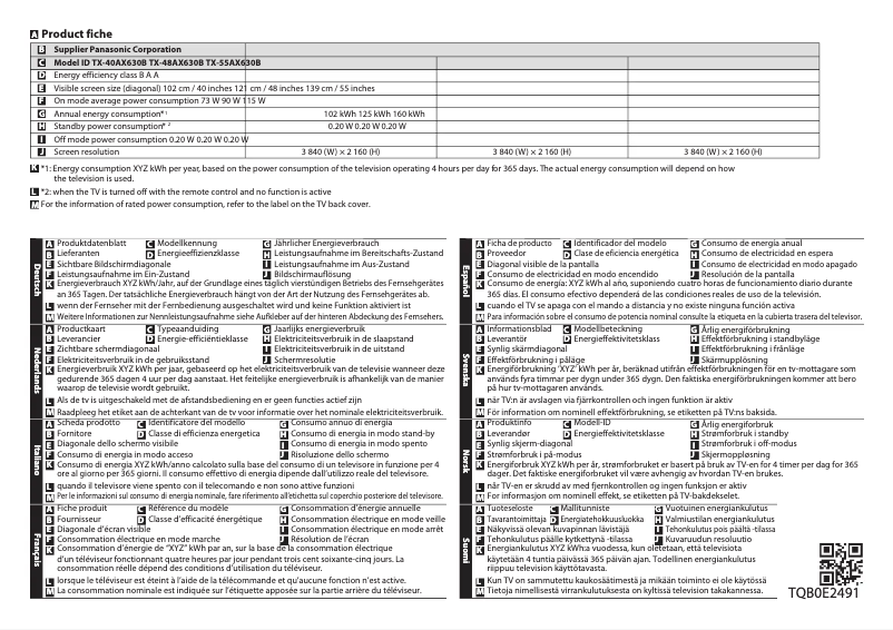 Page 1 de la notice Fiche technique Panasonic TX-40AX630B