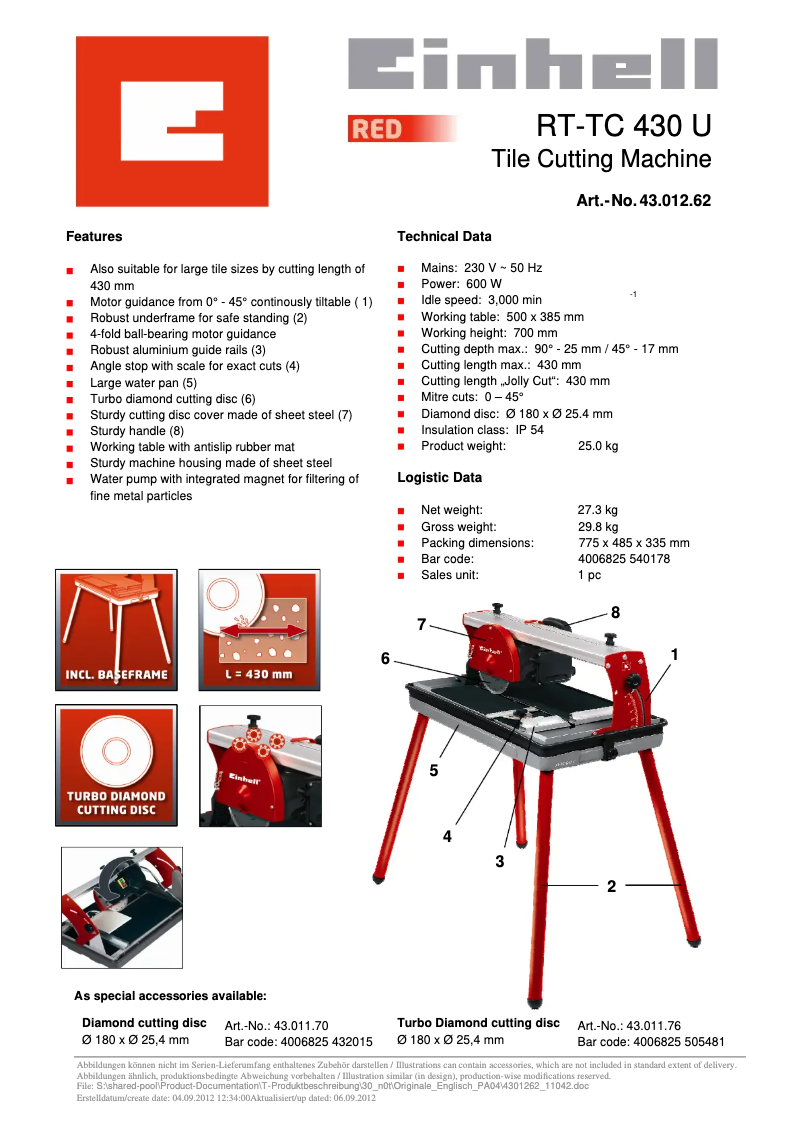 Page n°1 - Fiche technique Einhell RT-TC 430 U