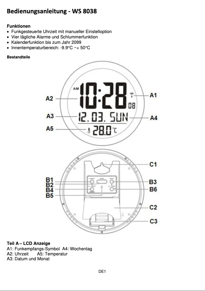 Page 1 de la notice Manuel utilisateur Techno Line WS 8038