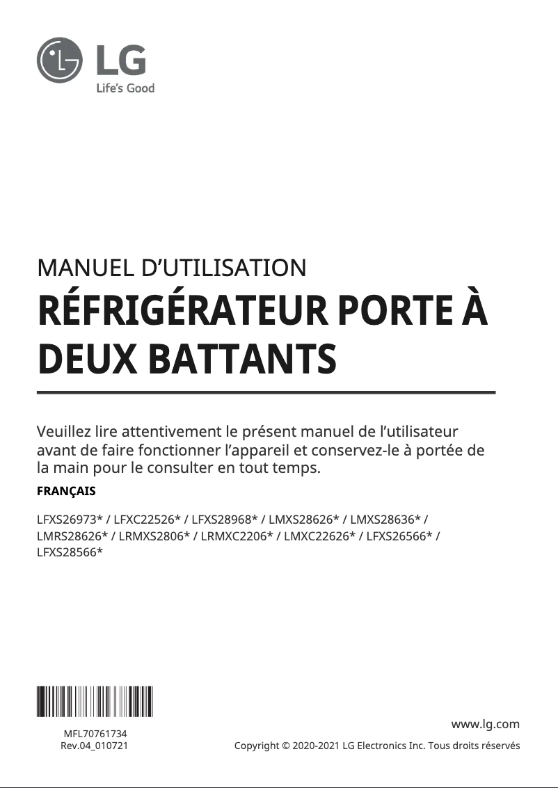 Page 1 de la notice Manuel utilisateur LG LRMXS2806S
