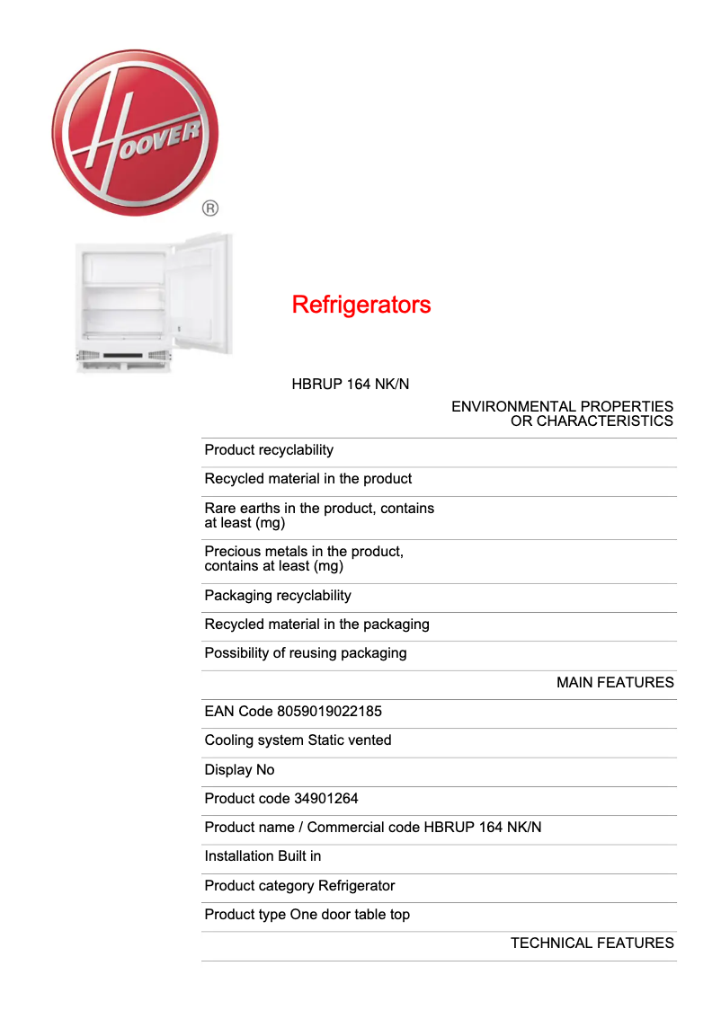 Página 1 del manual Ficha técnica Hoover HBRUP 164 NK/N