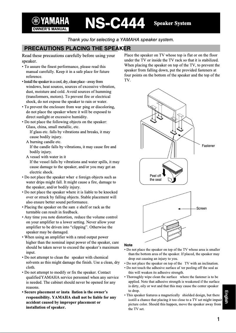 Page n°1 - Manuel utilisateur Yamaha NS-C444
