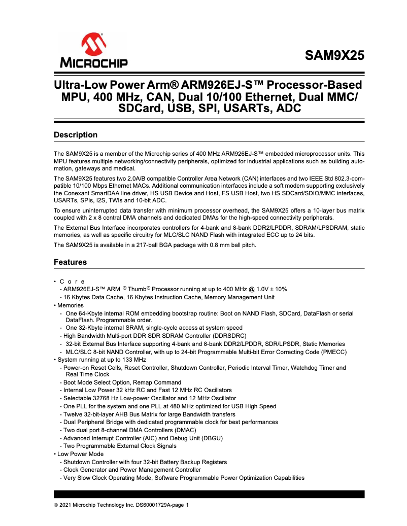 Page 1 de la notice Fiche technique Microchip AT91SAM9X25