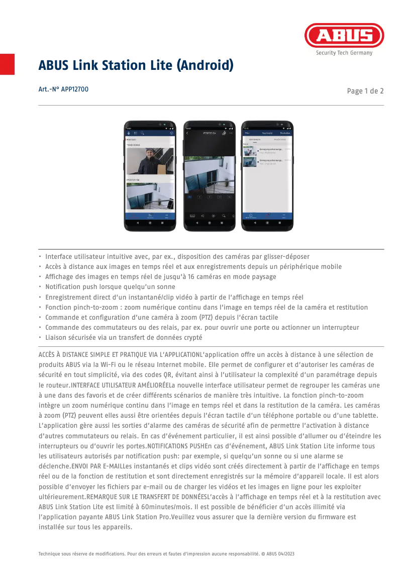 Page n°1 - Fiche technique Abus APP12700