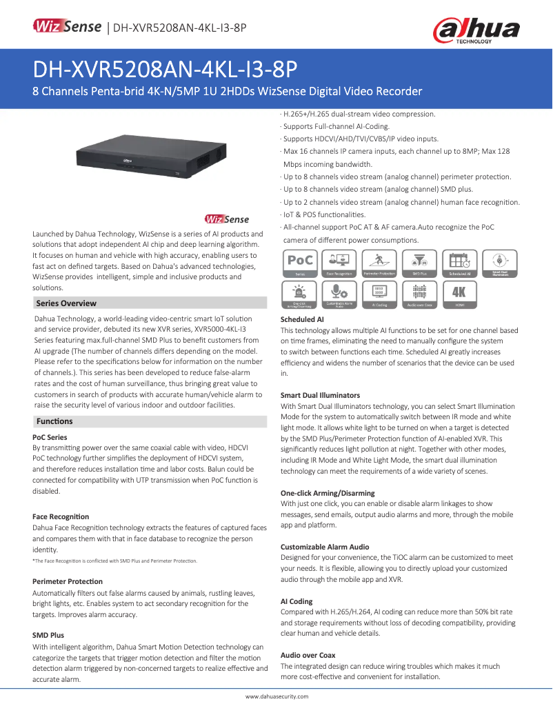 Page n°1 - Fiche technique Dahua Technology XVR5208AN-4KL-I3-8P
