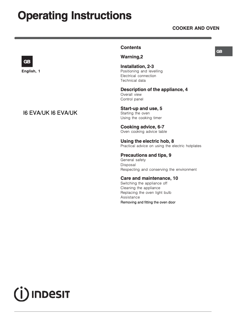Page n°1 - Instructions / montage Indesit I6EVA(W)/UK