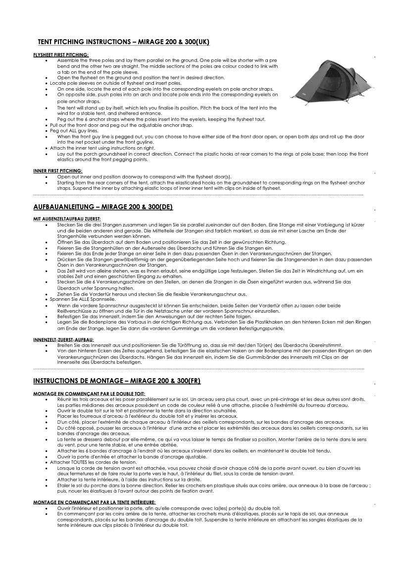 Page 1 de la notice Manuel utilisateur Vango Mirage 300