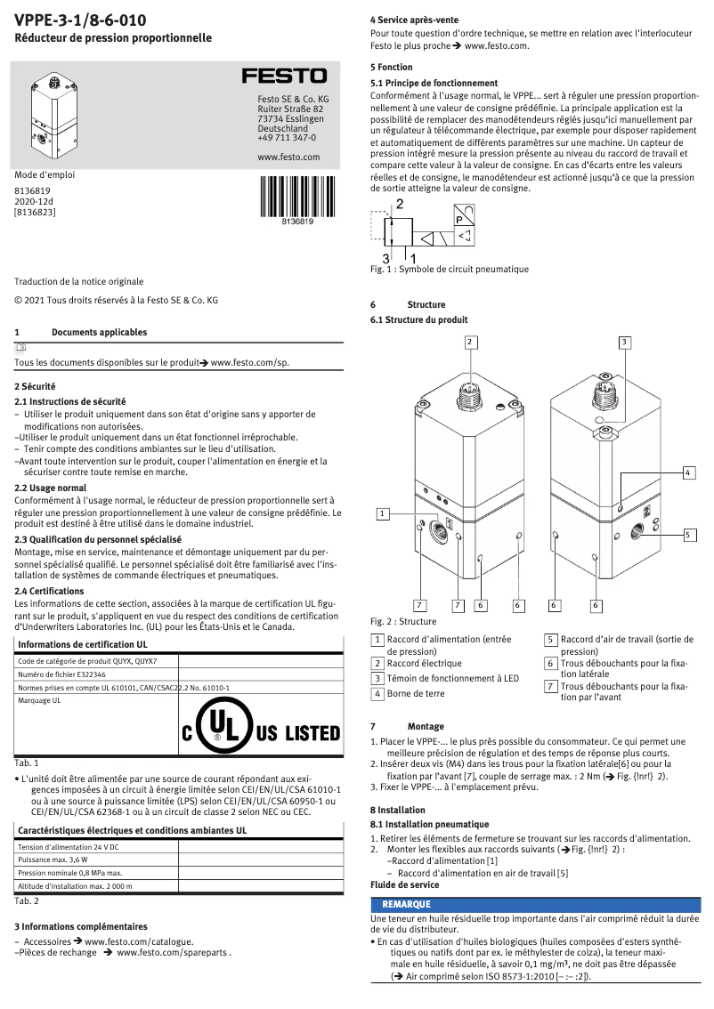 Page 1 de la notice Manuel utilisateur Festo VPPE-3-1/8-6-010