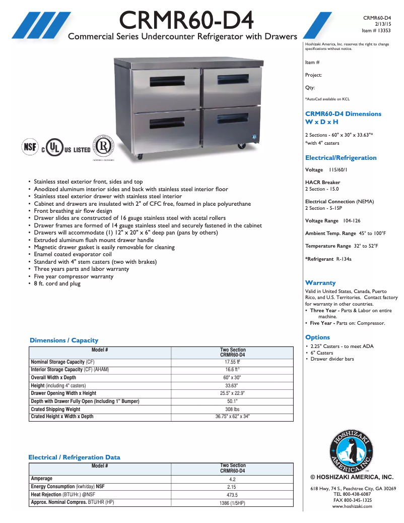 Page 1 de la notice Fiche technique Hoshizaki CRMR60-D4