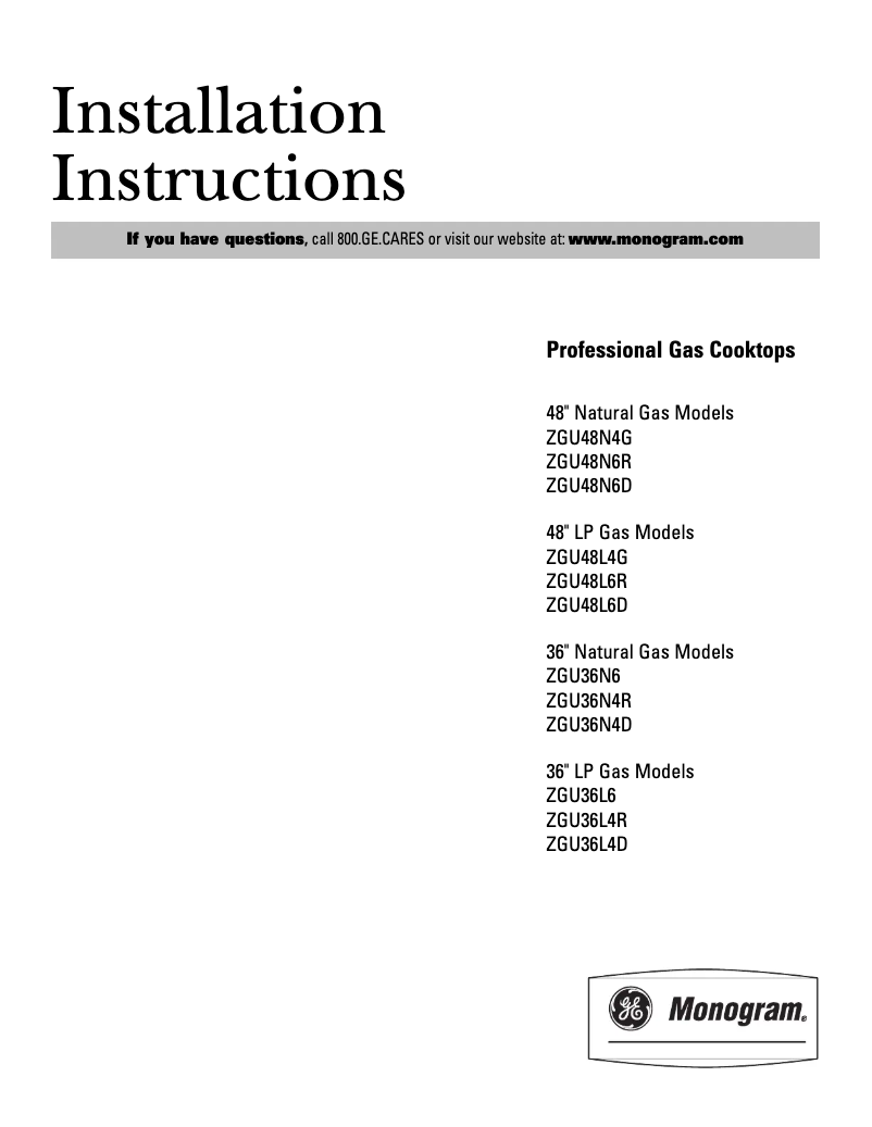 Page n°1 - Guide d'installation GE ZGU48N6DHSS