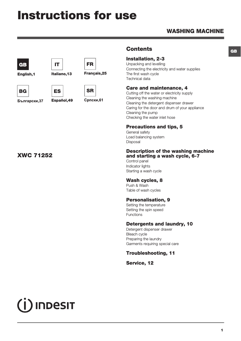 Page 1 de la notice Manuel utilisateur Indesit XWC 71252 W EU