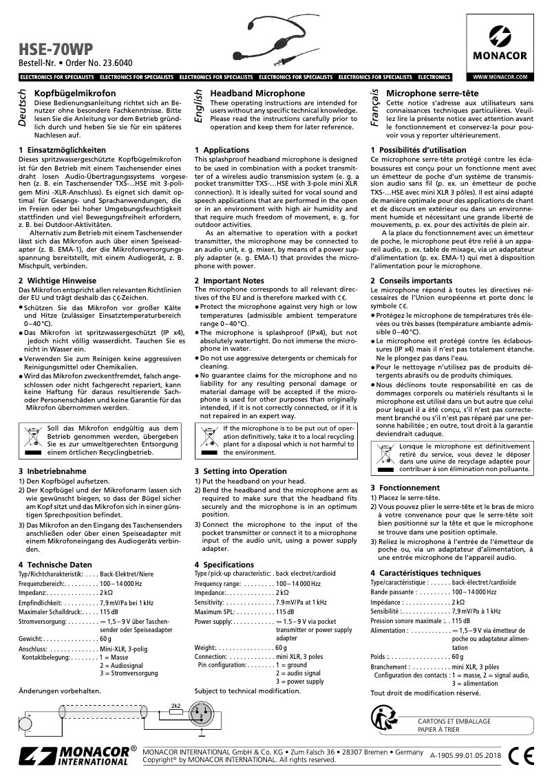 Page 1 de la notice Manuel utilisateur Monacor HSE-70WP