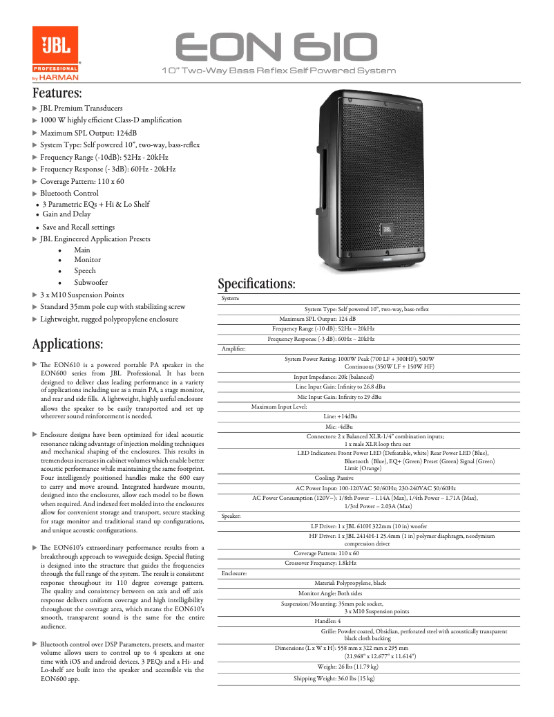 Page 1 de la notice Fiche technique JBL EON610