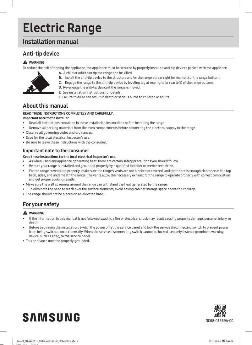 Page n°1 - Guide d'installation Samsung NE63A6511SG