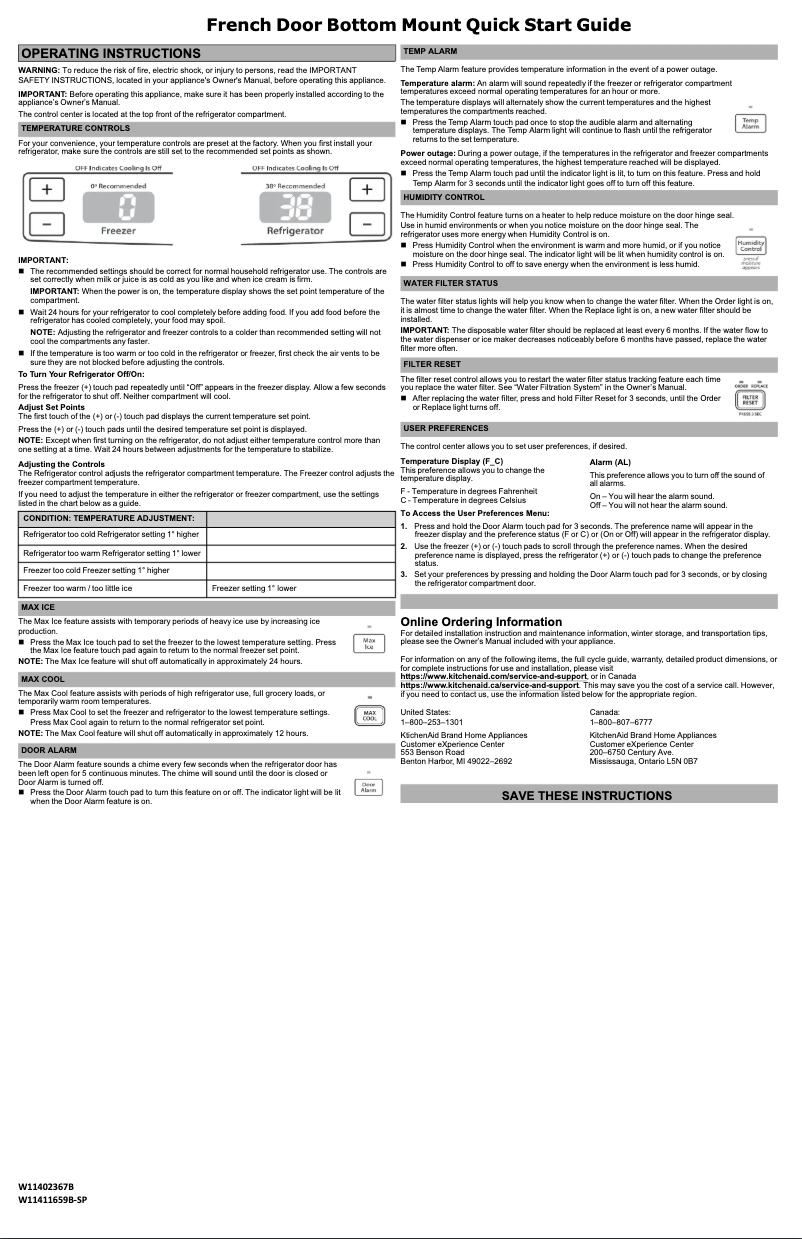 Page 1 de la notice Guide de démarrage rapide KitchenAid KRFF305ESS